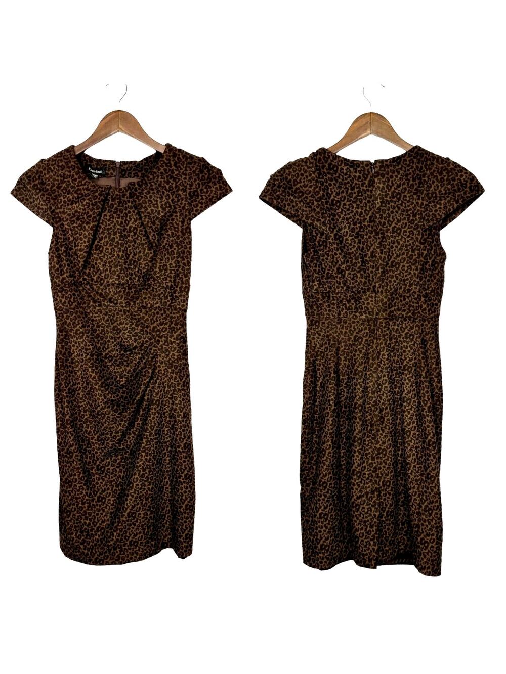 Bebe Brown & Black Cheetah Animal Print Faux Suede Pleated Y2K Mini Sheath Dress